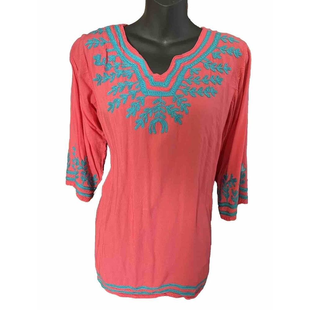 Ananda’s Woman’s Pink Turquoise Embroider Design 3/4 Sleeve Blouse Size Large